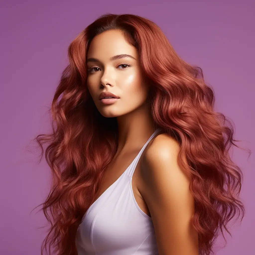 Una hermosa mujer latina de Beyond Salon con cabello largo, ondulado y color rojo.