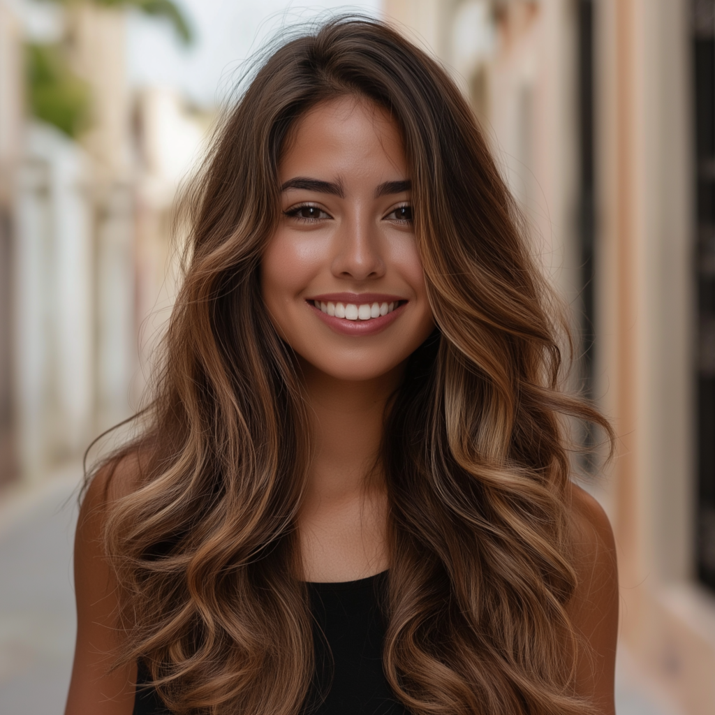 Mujer latina con cabello suelto y brillante, sonriendo mientras camina por las calles coloridas del Viejo San Juan, Puerto Rico.