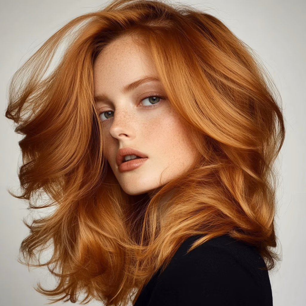 Mujer con cabello rojo voluminoso y brillante, luciendo un peinado suave y elegante.