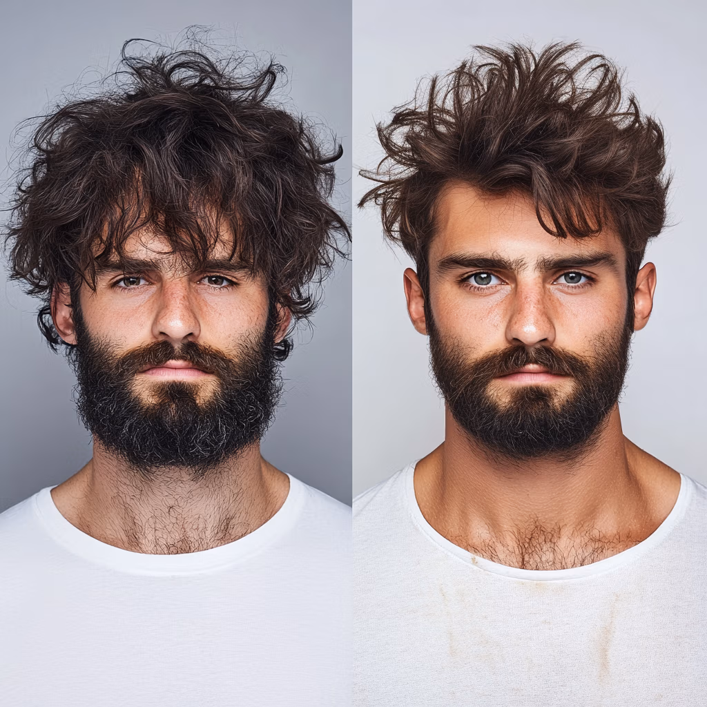 Hombre con cabello desordenado y sin forma, antes de su cambio de look en Beyond Salon.