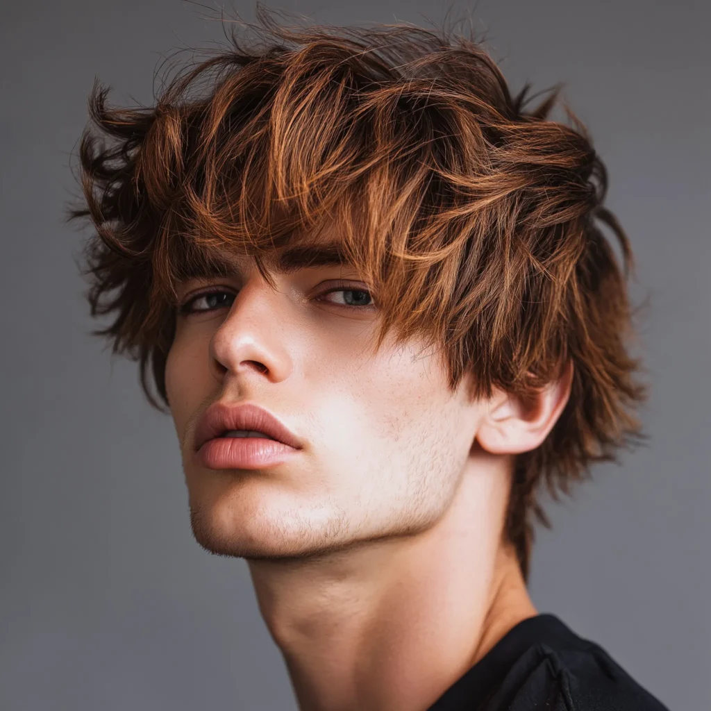 Hombre con corte de cabello shaggy en tono cobrizo