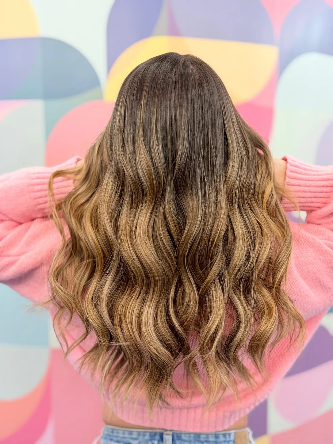 Long caramel balayage waves with soft dimension, balayage result at Beyond Salon in Condado, San Juan