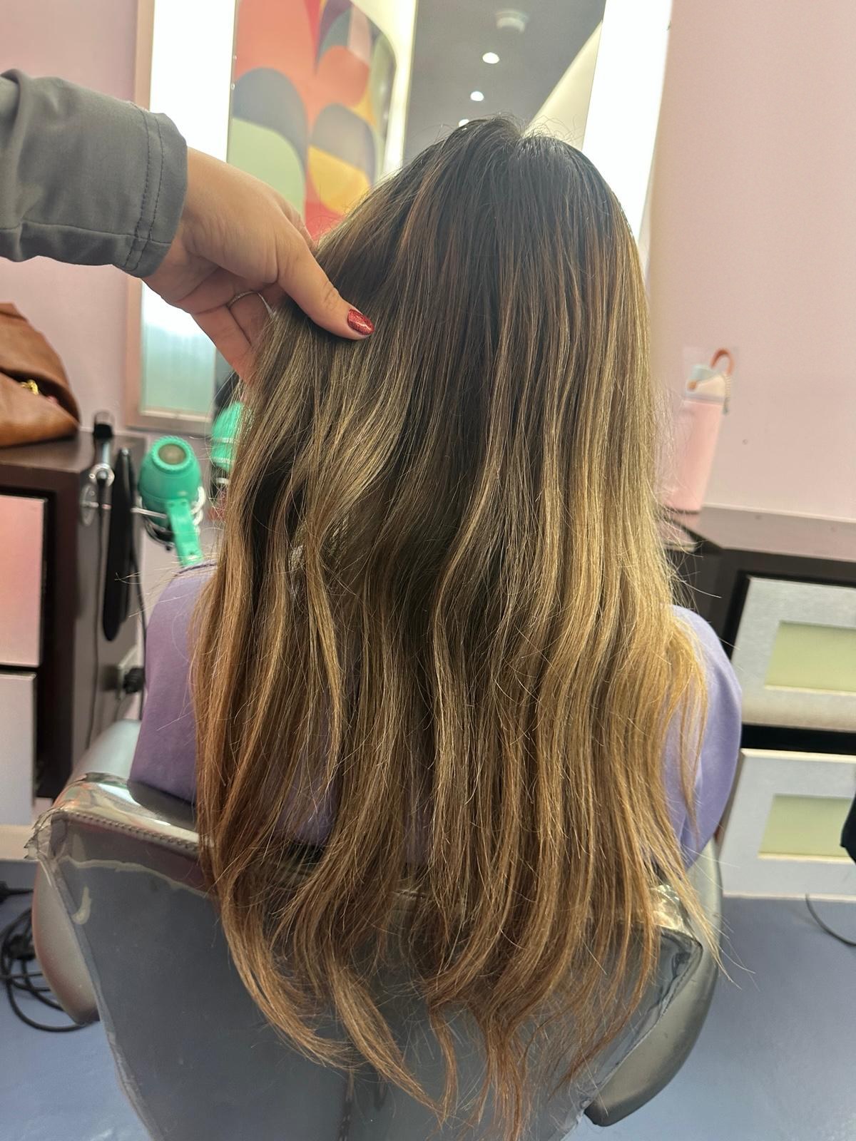 Before: golden grown-out color, before color correction at Beyond Salon in Condado, San Juan