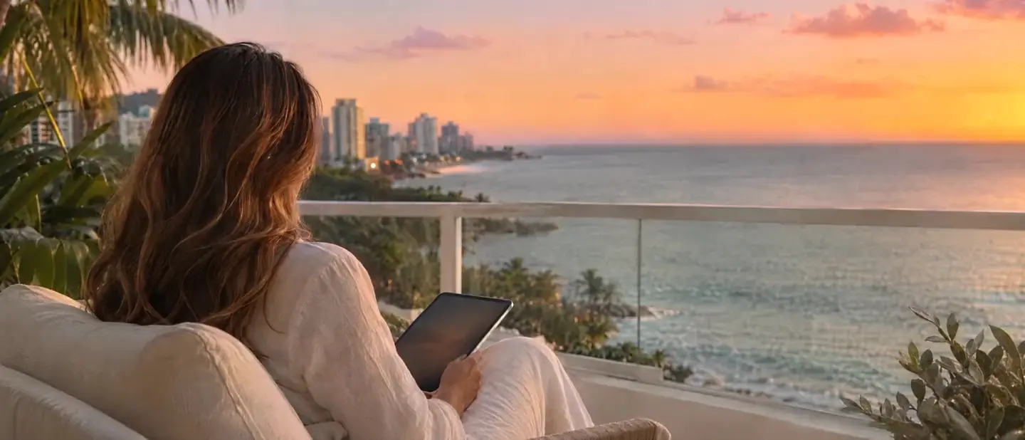 Woman from behind relaxing on an ocean-view balcony in Condado, San Juan, with a tablet in her lap at sunset, illustrative image for the Beyond Salon blog