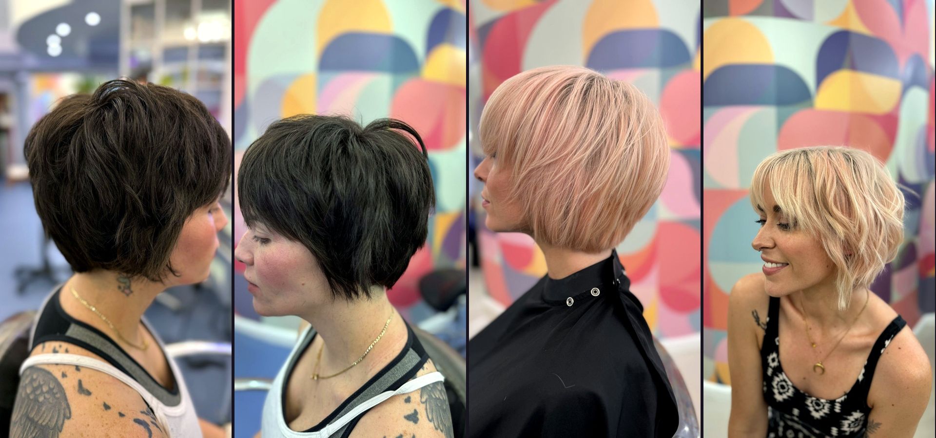 Four pixie cuts by Beyond Salon in Condado, San Juan: textured dark pixie and a short pink textured cut