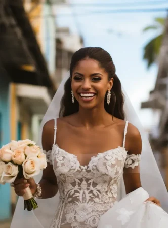 A stunning Latin Black bride stands elegantly in the pictures setting of Puerto Rico. Bauty salons in San Juan