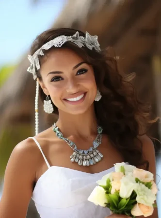 A stunning Latin bride stands elegantly in the pictures setting of Puerto Rico. Salones de belleza en San Juan